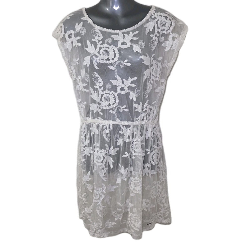 Hollister White Lace Fit & Flare Dress Women's Large Cap Sleeve‎ Sheer Floral